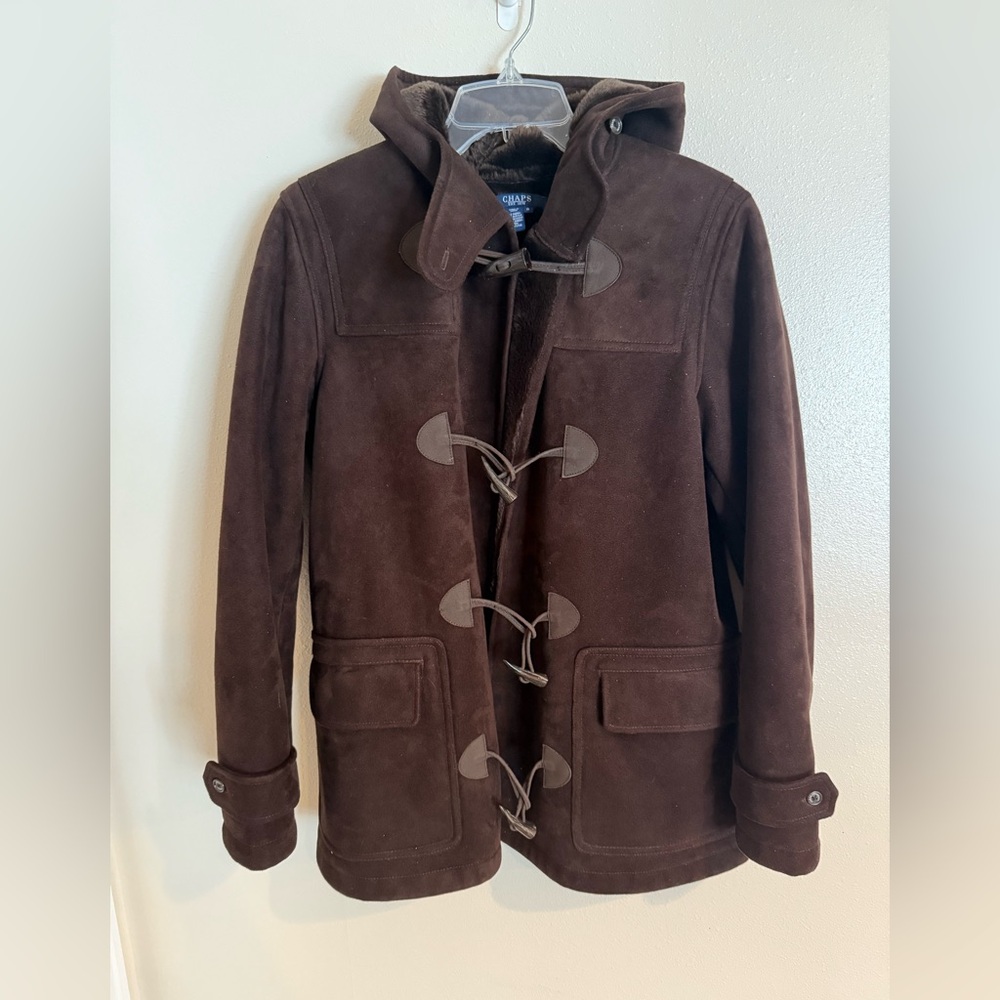 Chaps est 1978 Duffle Coat Womens Small Brown Faux Fur Suede Hooded Long Sleeve
